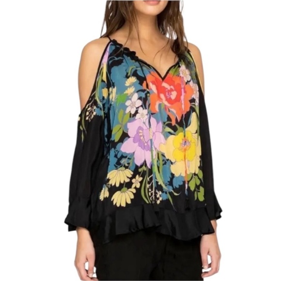 Johnny Was Tops - Johnny Was Fusion Cold Shoulder Black Floral Tunic Top Ruffle V Neck Spring SM